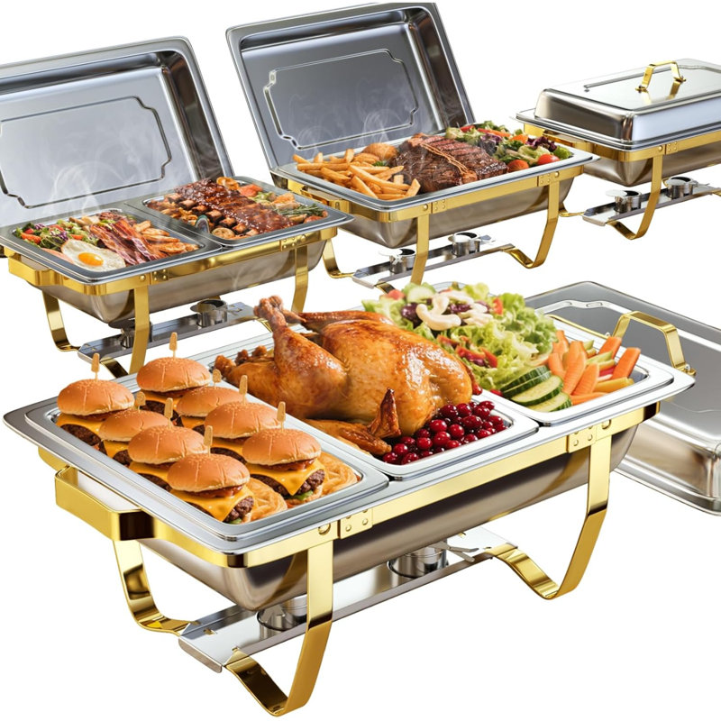 Chafing Vaisselle pour buffet, ensemble de 4 réchauds à buffet en acier inoxydable de 9 pte et 7 pintes, élégants chauffe-plats et buffet dorés et argentés pour la restauration, les fêtes et les événements