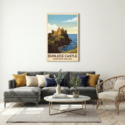 Dunluce Castle, Northern Ireland - Romantic Coastal Castle Travel Poster. Giclee Print On Wrapped Canvas. Wall Art, Home Decor - Castles & Palaces, Northern Ireland - Wrapped Canvas Print