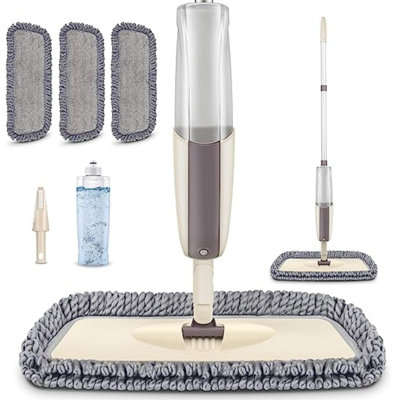 Microfibre Mop Floor Mop With Spray For Floor Cleaning, Symple Stuff Mop For Laminate Wood Tiles Wet Dust Mop With 1 Refillable Bottle 410ml & 3 Reusable Pads 1 Scrubber