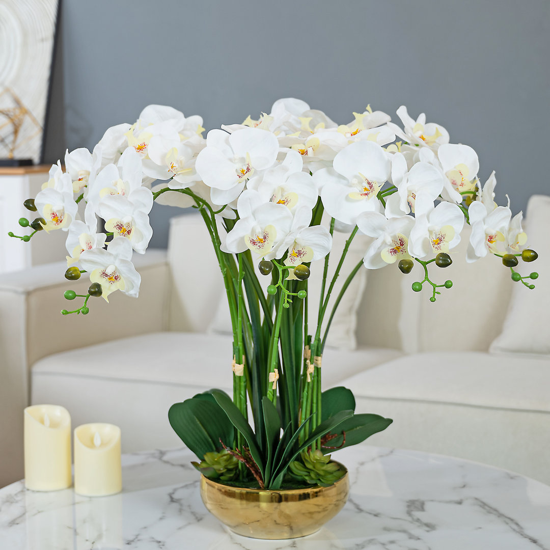 23.62" H Artificial Orchid Arrangement in Gold-plated Ceramics Vase Vanity Art