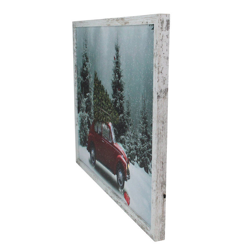 Art mural en toile de Noël rétro encadré de voiture avec éclairage DEL - 15 po x 19 po