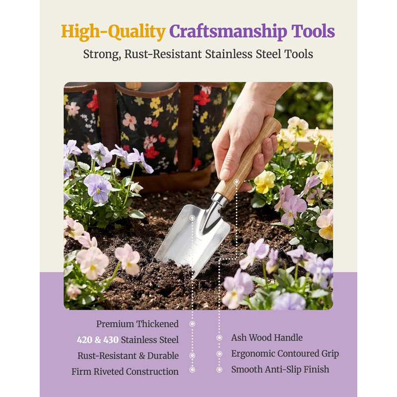Ensemble d'outils de jardin 10 pièces, outils de jardinage résistants à la rouille en acier inoxydable avec poignées ergonomiques en bois