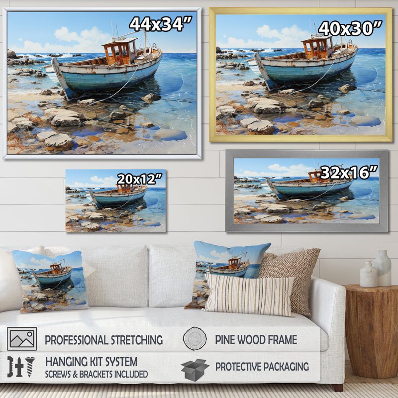 «Anchored Boat I», reproduction sur toile, H 16 po x l 32 po x P 1 po, Encadrement doré