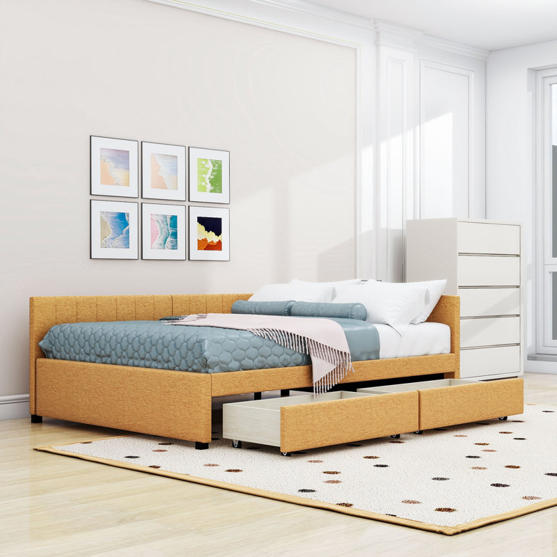 Tayson Full 2 Drawers Upholstered Daybed, Yellow