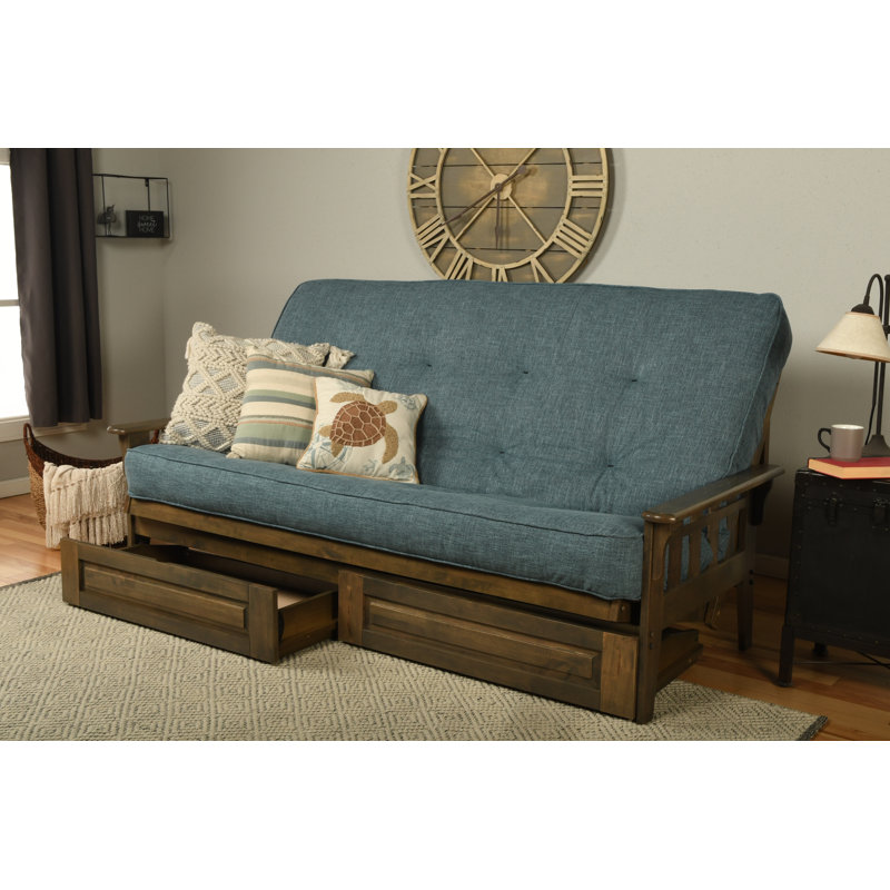 Stratford Queen 87" Wide Futon Frame and Mattress with Drawer Set, Linen Aqua 100% Polyester