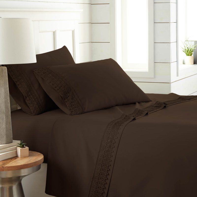 Jaquil Extra Deep Pocket Microfiber Sheet Set with Lace Hem, Chocolate Brown, Full