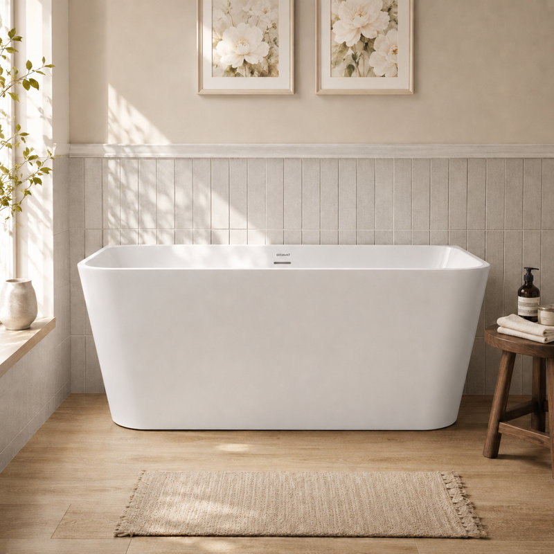 Freestanding Soaking Acrylic Bathtub with Drain, Overflow, and Glossy White Finish 59" Depth x 29.5"Width