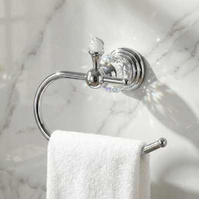 Chrome Towel Ring With Crystal Handle - Elegant Wall-Mounted Bathroom Hand Towel Holder