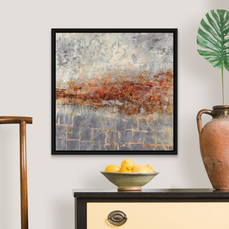 « fire lake ii », peinture sur toile, H 25,7 po x l 25,7 po x P 1,75 po, Cadre flottant noir