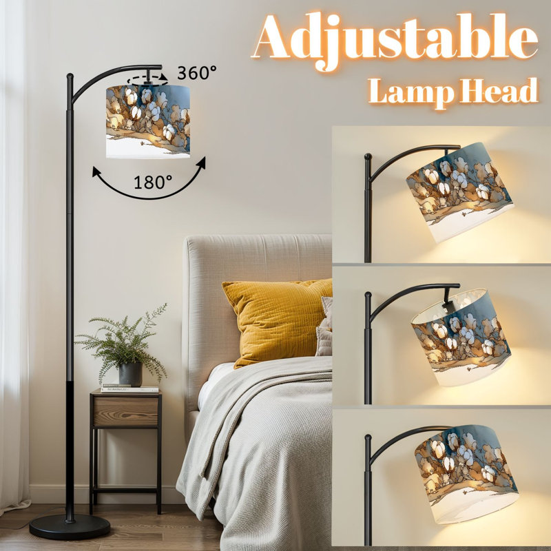 Arc Floor Lamp with Adjustable Lampshade Rustic Cotton Blossom Art Serene Cats Butterflies Standing Lamp 3 Color Temperatures Dimmable Tall Pole Lamp with Foot Switch for Bedroom