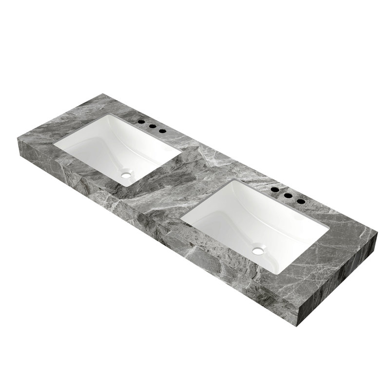 Comptoir en pierre frittée gris clair (2 lavabos seulement) et 2 lavabos en céramique encastrés, chacun avec trois trous de robinet pré-percés standard, sans armoire, sans robinet et couvercle d'évier