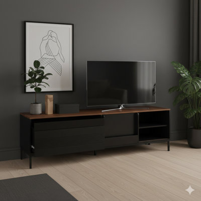 Console multimédia de 70,8 pouces de style Mid-Century moderne pour le salon, compatible avec les téléviseurs jusqu'à 75 pouces. Comprend un espace de rangement, des portes coulissantes, des tablettes réglables et un cadre en métal.