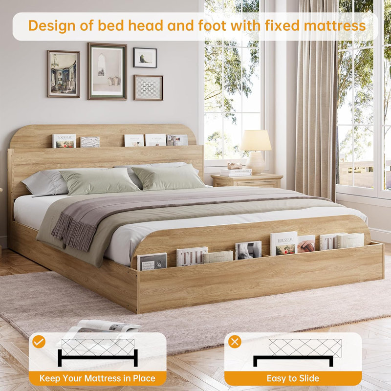 Queen Size Low Platform Bed Frame With Storage Headboard And Raised Footboard Wood Slats No Box Spring Needed Natural Color