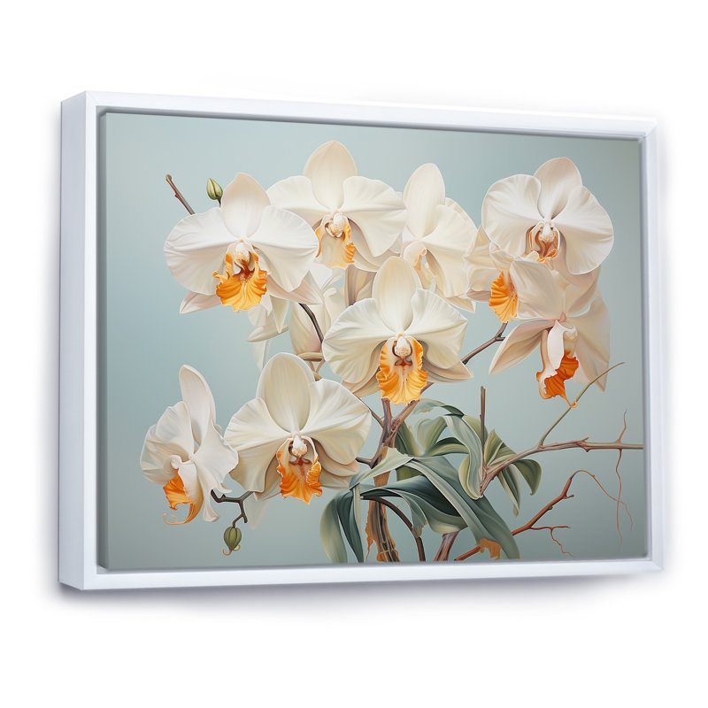 " Beige Orchids Tranquility III ", White Floater Framed, 16" H x 32" W x 1" D