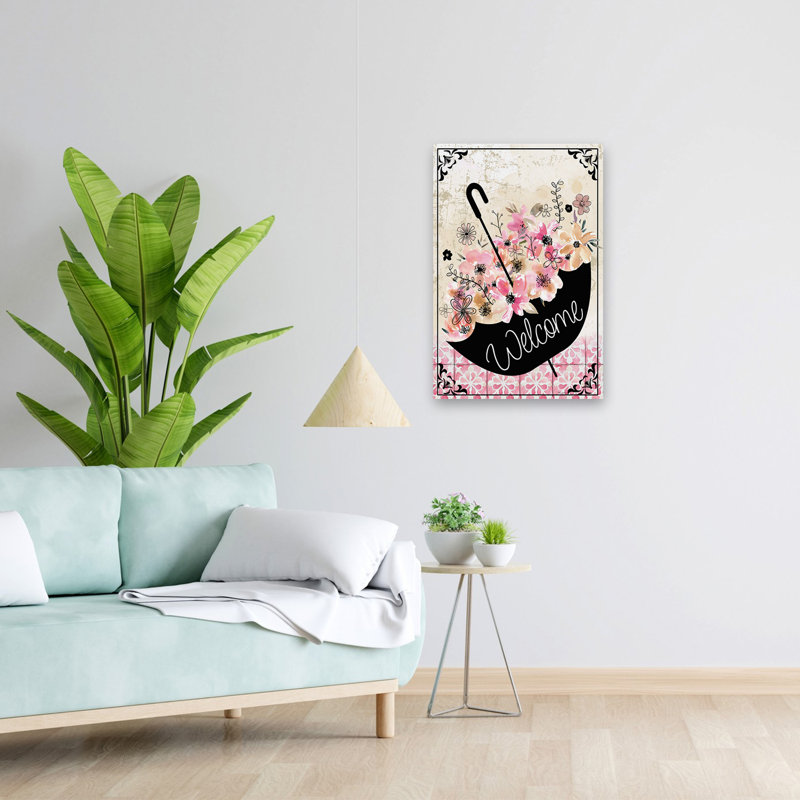 Welcome, parapluie floral - art moderne floral de jardin, H 24 po x l 16 po