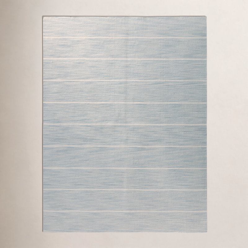 Tapis bleu / beige en laine tissé à plat à la main Aldine, Rectangle 6 pi x 9 pi