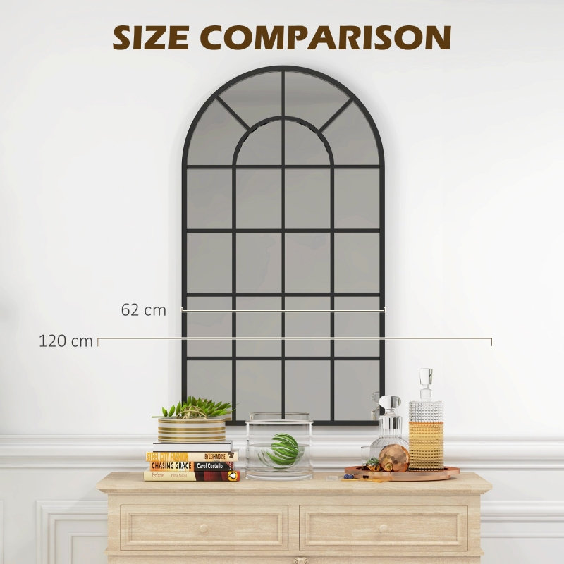 Arched Window Pane Wall Mirror, 110cm x 62cm Black Metal Frame Grid Mirror, Faux Window Decor for Living Room/Bedroom/Entryway