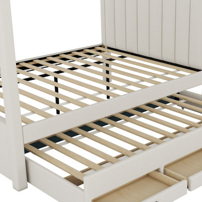 Upholstery Canopy Platform Bed with Trundle and Three Storage Drawers, Beige