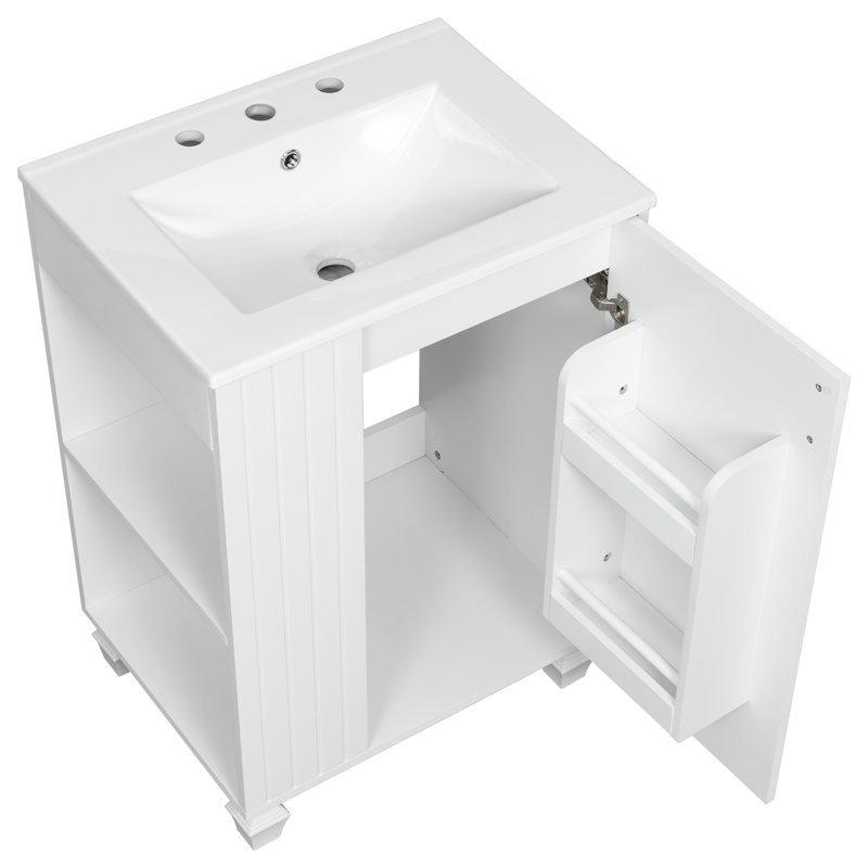 Meuble-lavabo blanc 24 po avec lavabo, porte à fermeture en douceur, structure en bois massif et tablette de rangement latérale ouverte