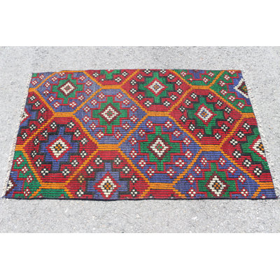 Vintage Turkish Kilim Rug in Geometric Pattern Handwoven With Wool for Bohemian Home Decor and Floor Mat