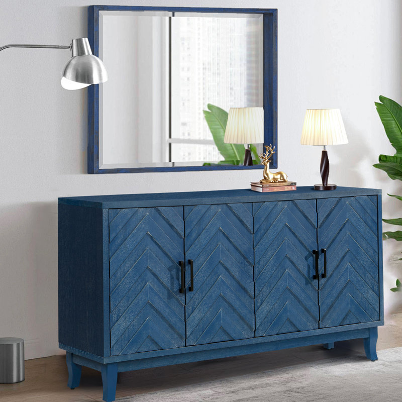 Élégante armoire de rangement en bois à 4 portes avec rayures laquées 3D et conception stable, Blue
