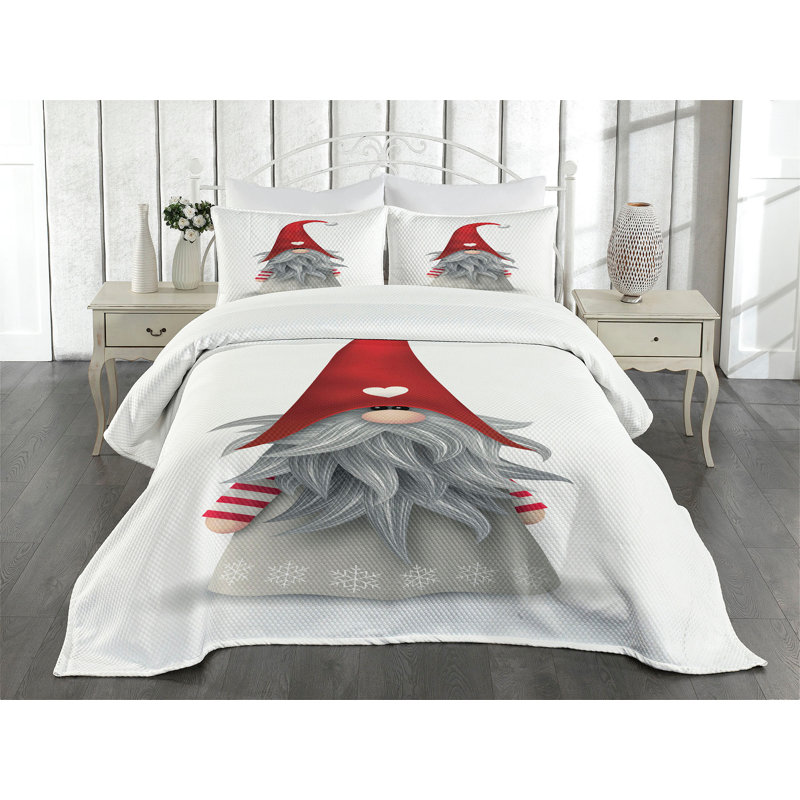 Ambesonne Gnome Bedspread Set Finnish Creature Folklore Ruby Pale Grey, King Bedspread + 2 Standard Shams