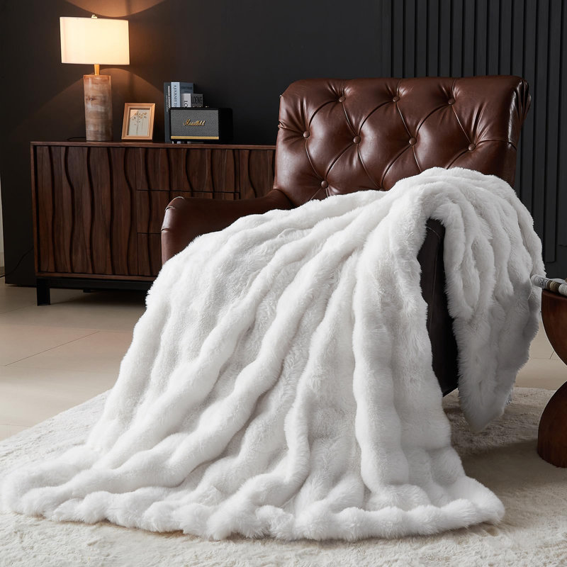 Cozy Warm Luxury Faux Fur Rabbit Throw Blanket, Knitted Soft Thick Furry Cute Plush Reversible Blanket for Sofa, Living Room, Bedroom - Suitable for Winter & Spring & Holiday Gift Ideas