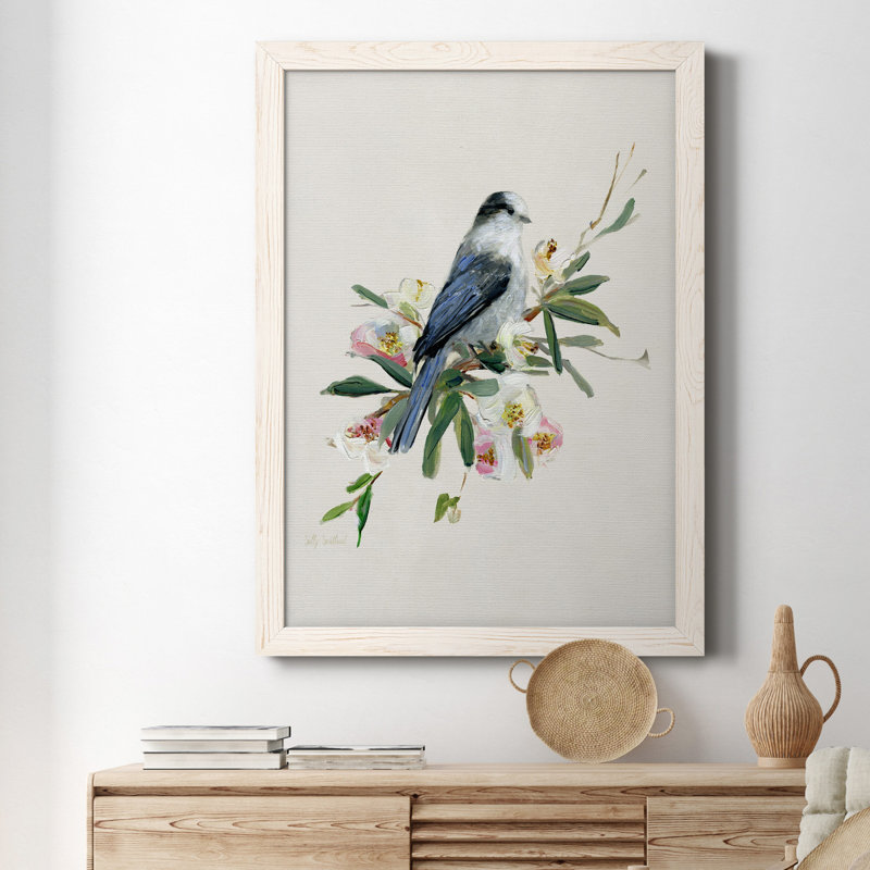 «Spring Song Gray Jay», impression sur toile encadrée, Toile à cadre blanc, H 24 po x l 18 po x P 1,5 po