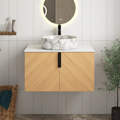 Meuble-lavabo mural de 30 po avec lavabo d'art à motif de marbre gris en céramique et dalle de pierre artificielle, 2 portes à fermeture douce