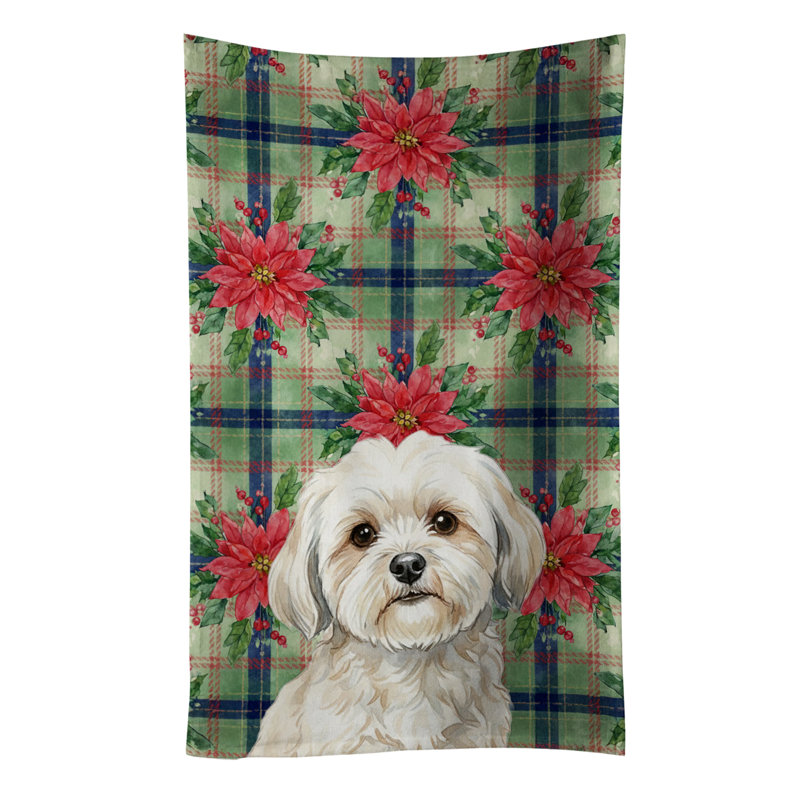 White Lhasa Apso Christmas PoinsettIas Kitchen Towel, White Lhasa Apso