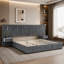 Cadre de lit king size capitonné en tissu chenille, design plissé, table de chevet intégrée et structure robuste - Sommier non requis, gris foncé
