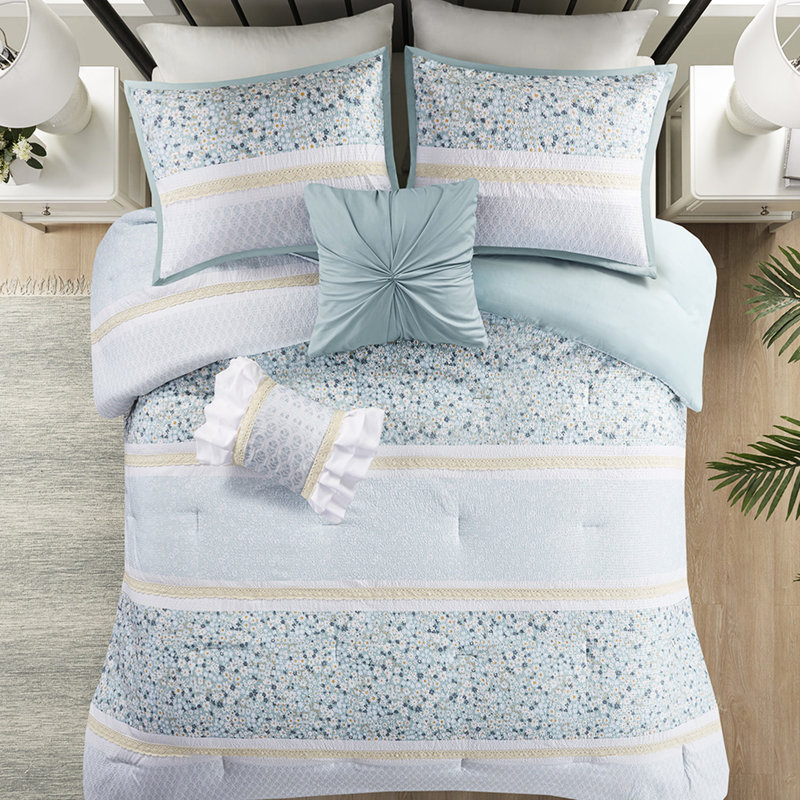 Édredon très grand avec coussins décoratifs - literie chic à motif floral en seersucker bleu 5 pièces pour bourre florale / botanique