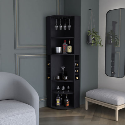 Modern Black Corner Bar Cabinet, 70.8 Inch Height 5 Shelves 8 Bottle Storage Cabinet for Kitchen Use
