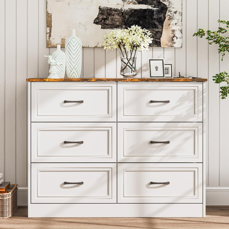 Commode 6 tiroirs avec station de charge, Blanc / brun