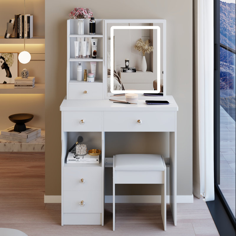 Petite coiffeuse 29,2 po avec tiroir à gauche, tabouret rembourré, miroir à DEL tricolore à commande tactile, grande capacité, convient aux petits, style américain, coiffeuse avec tiroir, commode