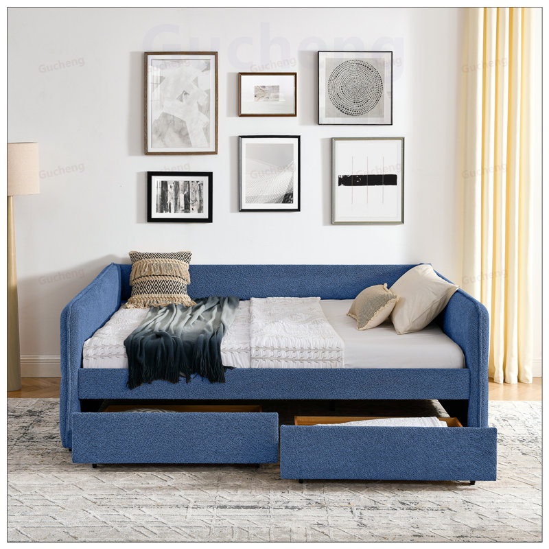 Élégant lit de jour en tissu Boucle avec deux tiroirs, canapé-lit capitonné pour plus de confort et de rangement, Blue