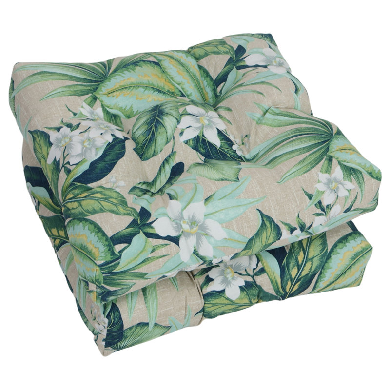 19-Inch Square Outdoor Tufted Dining Chair Cushions (Set Of 2), Tan/Green/Blue/Tahiti Breeze Floral