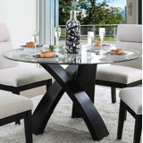 Meece Round Glass Top Solid Wood Base Dining Table