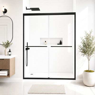 Cascada 56-60" W x 72" H Framed Double Sliding Shower Door with 1/4" 6mm Tempered Glass, Matte Black