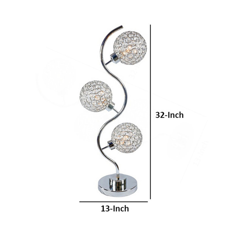 Lampe de table Denise 32 po, structure en métal, base ronde en verre, cristaux