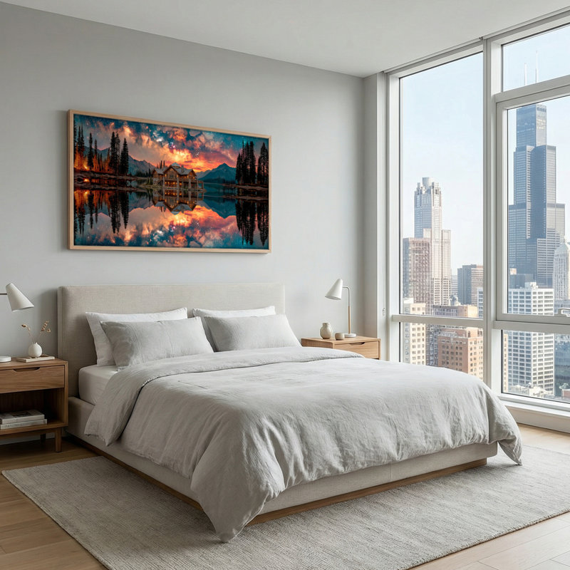 Tableau encadré sur toile « Maison au bord du lac », 122 x 61 cm (48 x 24 pouces)., 48 x 24 pouces