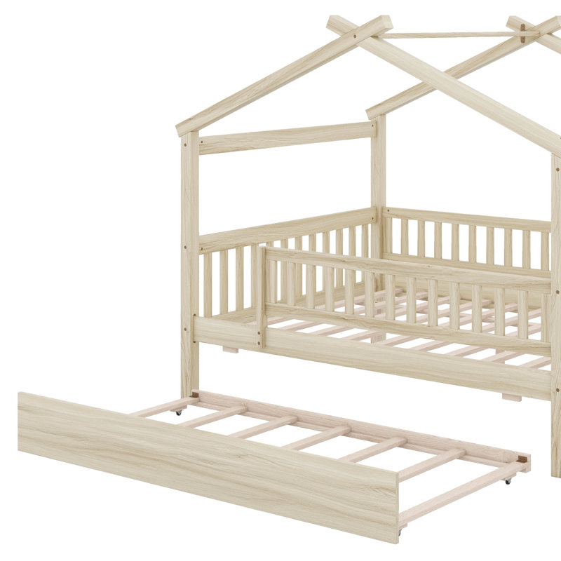 Lit double en bois avec lit gigogne, Lit double, Naturel