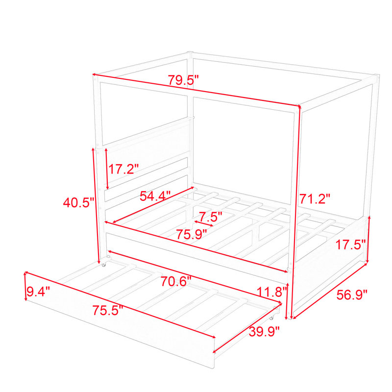 Full Size Canopy Bed With Headboard and Twin Size Trundle, White