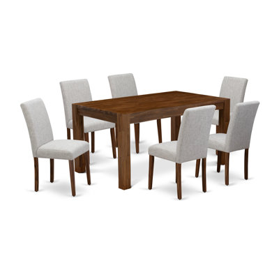 7 Piece Dinette Set Consist of a Rectangle Rustic Wood Dining Room Table and 6 Doeskin Linen Fabric Upholstered Parson Chairs, 36x60 Inch, Natural Walnut