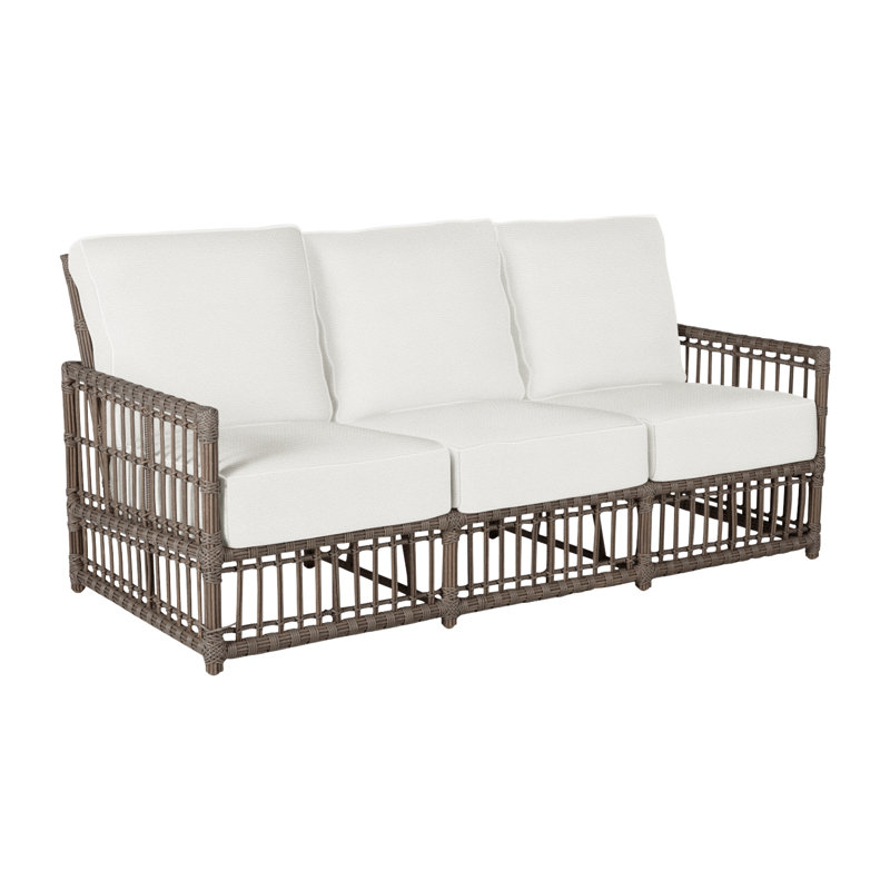Newport 79" Wide Outdoor Wicker Patio Sofa with Cushions, Welt, Dove Sunbrella Linen, Onyx
