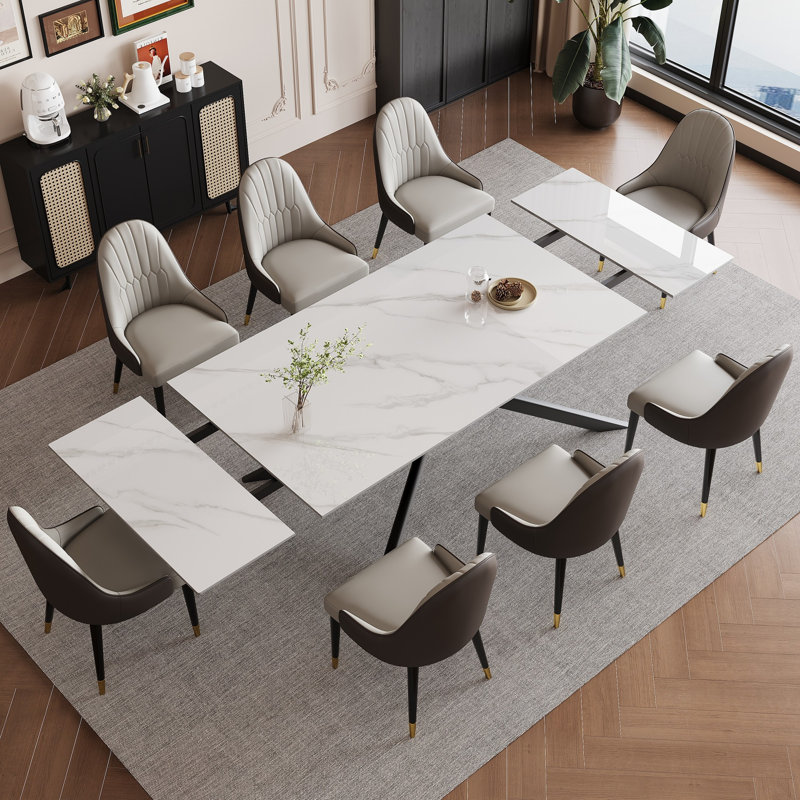 Vetler 9 - Piece 110.23'' Extendable Rectangular Sintered Stone Dining Table with 8 Leather Chairs Dining Set