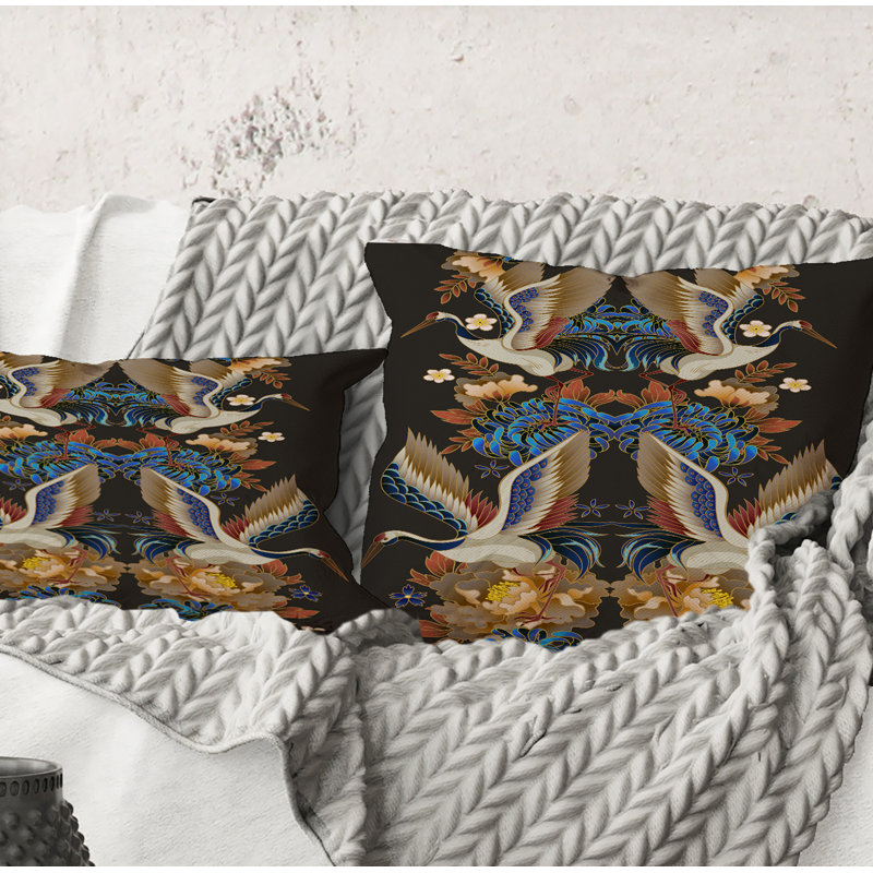 Rectangle, chinoiserie avec oiseaux et pivoines - coussin décoratif traditionnel imprimé