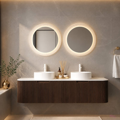 Meuble-lavabo de 60 po avec lavabos, armoire de rangement murale à bords courbés et rayés avec 2 tiroirs, 2 lavabos ronds en céramique, sans robinet, pré-assemblé