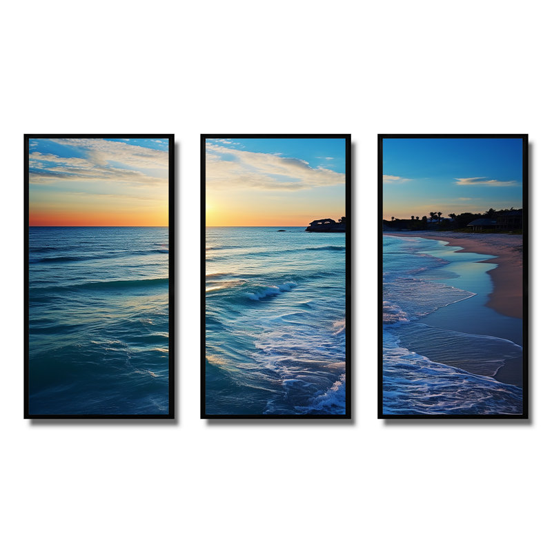Tranquil Shores Sunset Beach Horizon V - Art mural plage, Cadre flottant noir, H 40 po x l 61 po x P 1 po