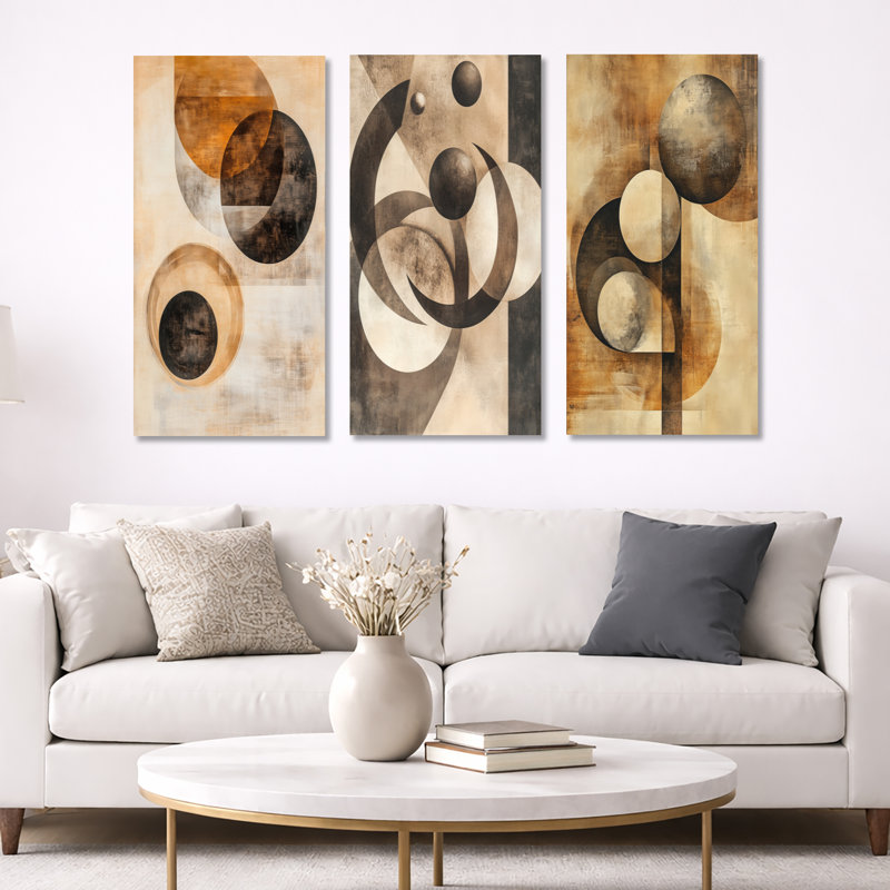 Orbiting Shapes in Sepia Space - Abstract Shapes, impression sur toile 3 pièces, H 40 po x l 60 po, Toile tendue